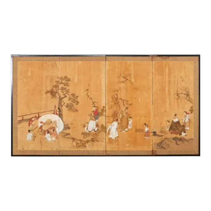 17th century japanese edo four panel screen hotei with chinese sages 4543