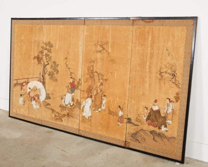 17th century japanese edo four panel screen hotei with chinese sages 9023