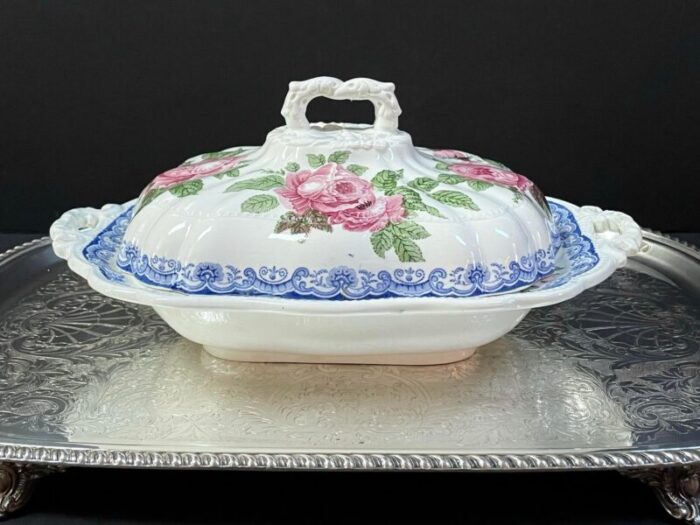 1830s antique english staffordshire jackson polychrome earthenware moss rose covered vegetable tureen serving dish 0750