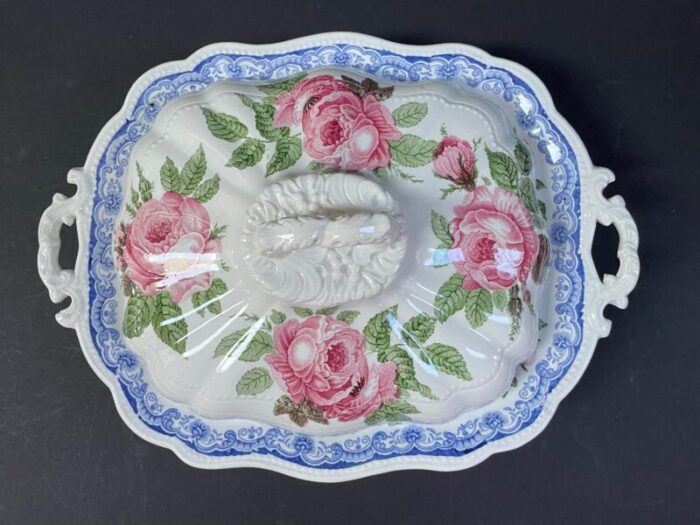 1830s antique english staffordshire jackson polychrome earthenware moss rose covered vegetable tureen serving dish 6056