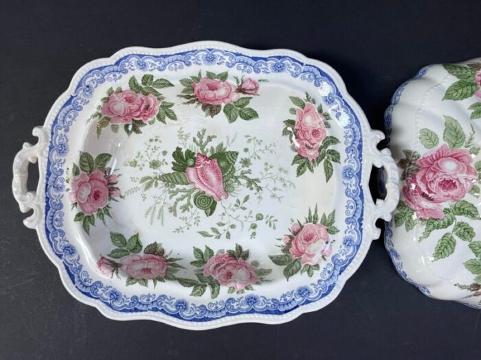 1830s antique english staffordshire jackson polychrome earthenware moss rose covered vegetable tureen serving dish 6559