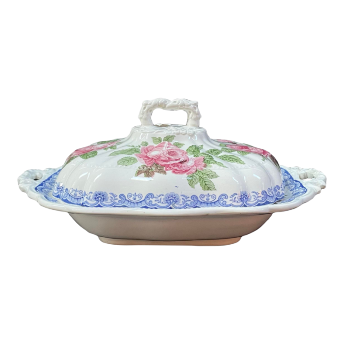 1830s antique english staffordshire jackson polychrome earthenware moss rose covered vegetable tureen serving dish 8316