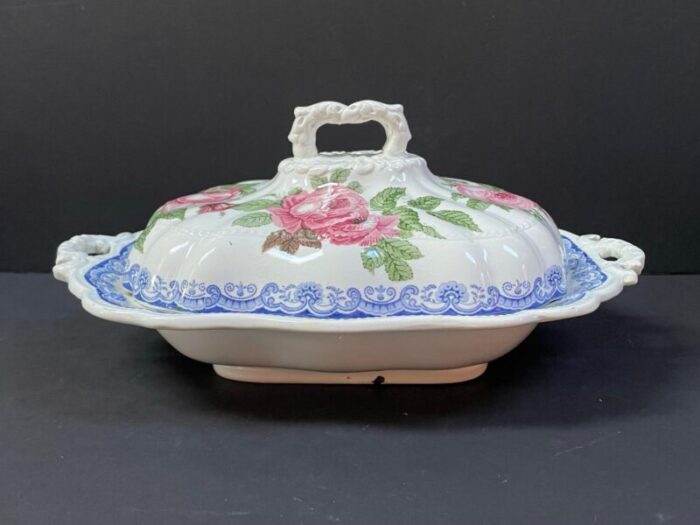 1830s antique english staffordshire jackson polychrome earthenware moss rose covered vegetable tureen serving dish 9568