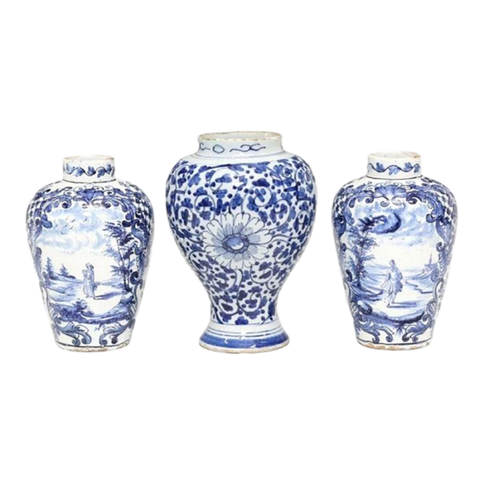 18th century dutch chinoiserie rocaille delft pottery garnitures set of 3 4473