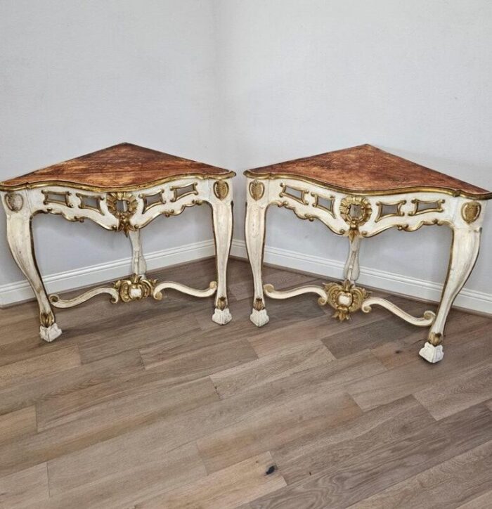 18th century italian baroque louis xv giltwood corner console tables a pair 5755