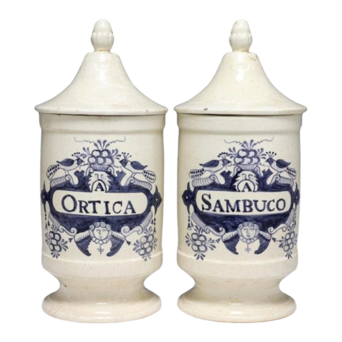 18th century italian tin glazed earthenware majolica apothecary jars a pair 2350