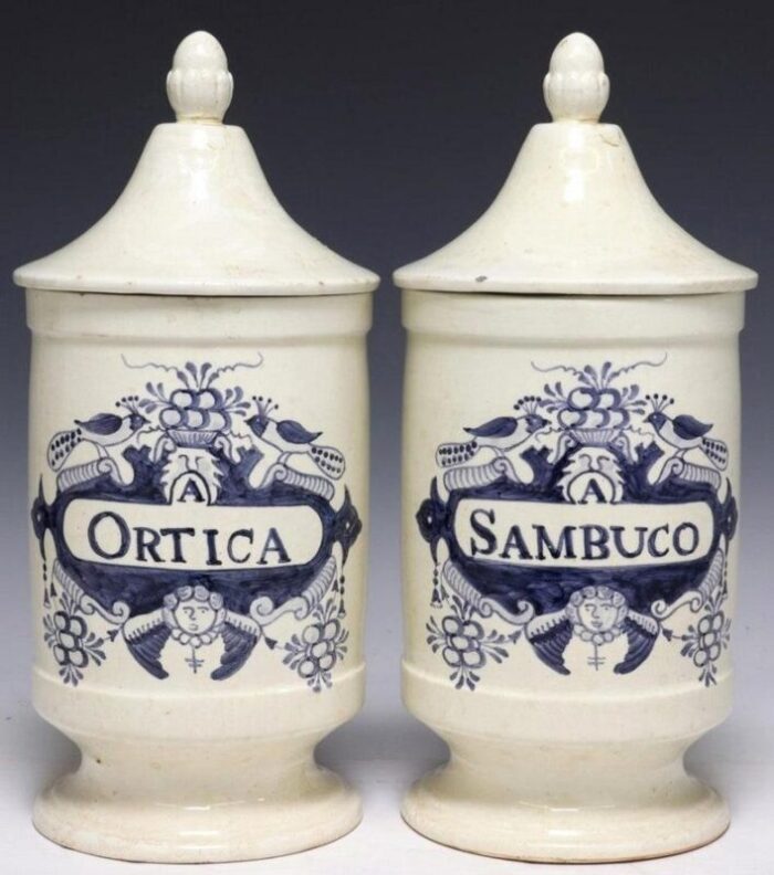 18th century italian tin glazed earthenware majolica apothecary jars a pair 2743