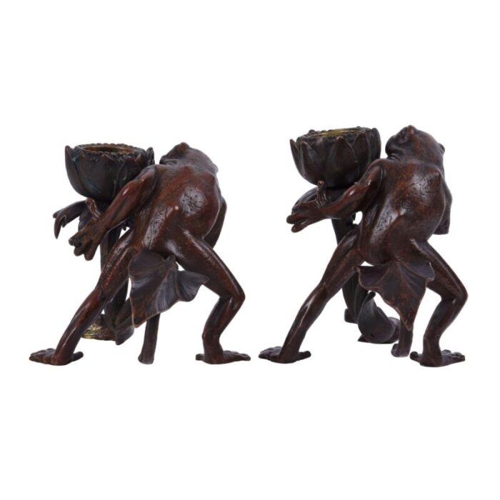 1900 european pair of bronze frog candle holders 2625