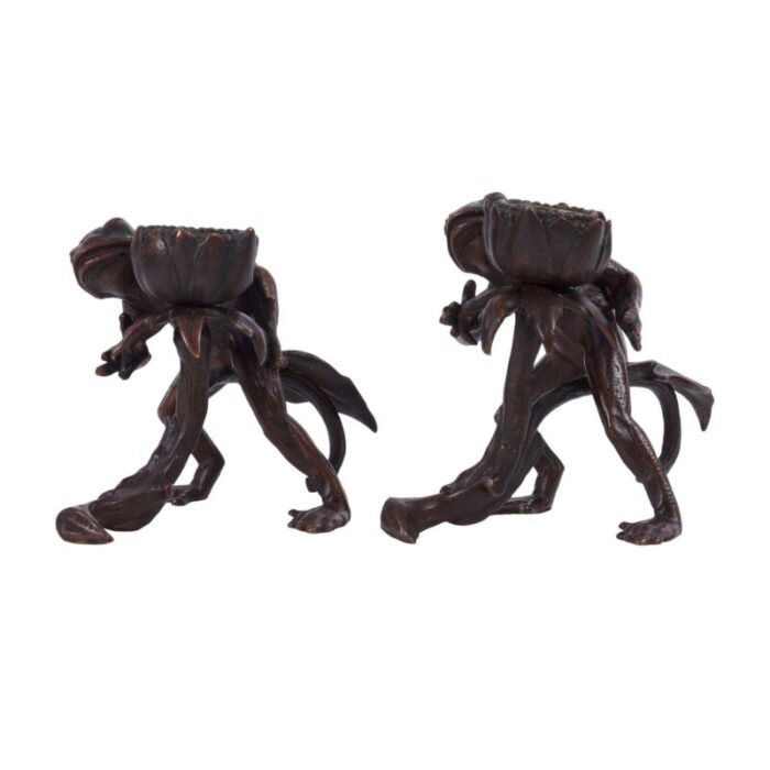 1900 european pair of bronze frog candle holders 3408