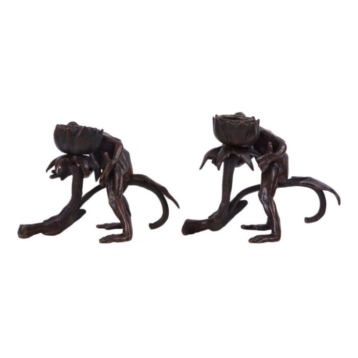 1900 european pair of bronze frog candle holders 6592