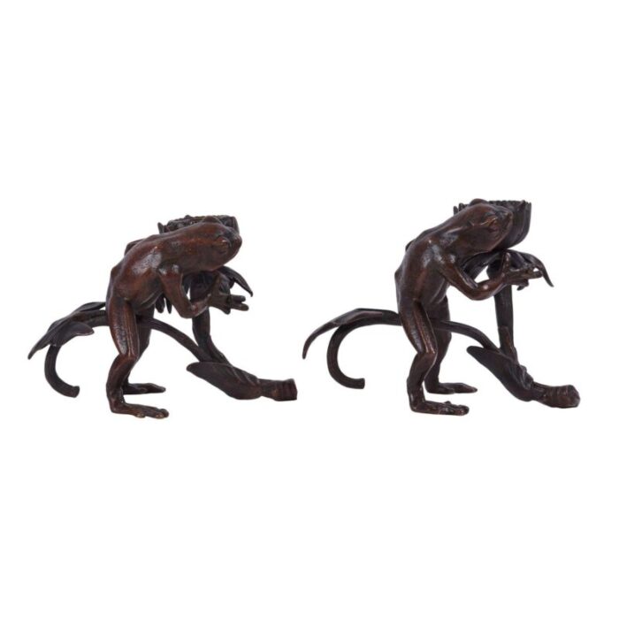 1900 european pair of bronze frog candle holders 9107