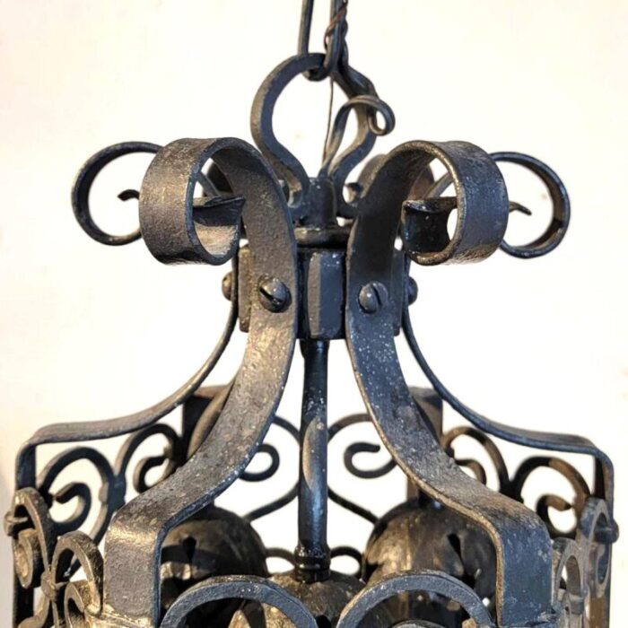 1920s american lafayette hughes mansion wrought iron three light pendant lantern 3557