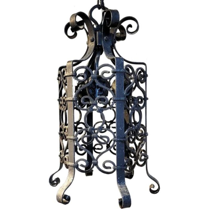 1920s american lafayette hughes mansion wrought iron three light pendant lantern 4924