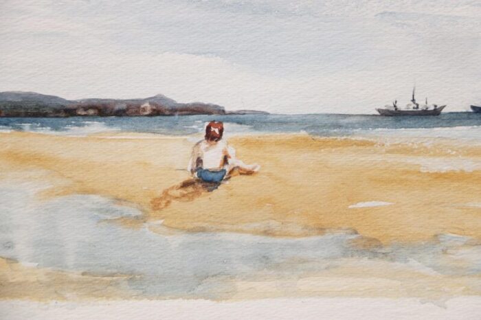 1928 signed watercolor painting depicting a beach scene with kids and boats english 4512