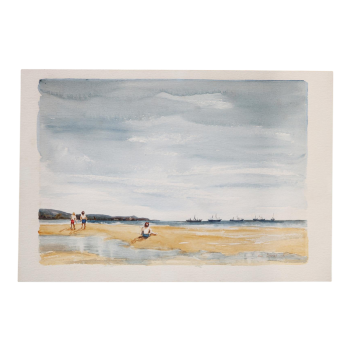 1928 signed watercolor painting depicting a beach scene with kids and boats english 6306