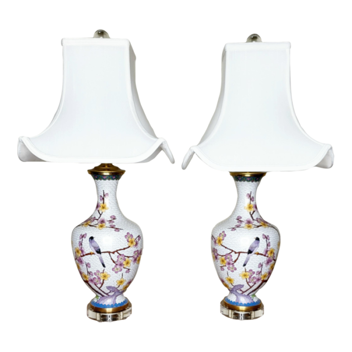 1950s cloisonne left and right table lamps with shades a pair 1057