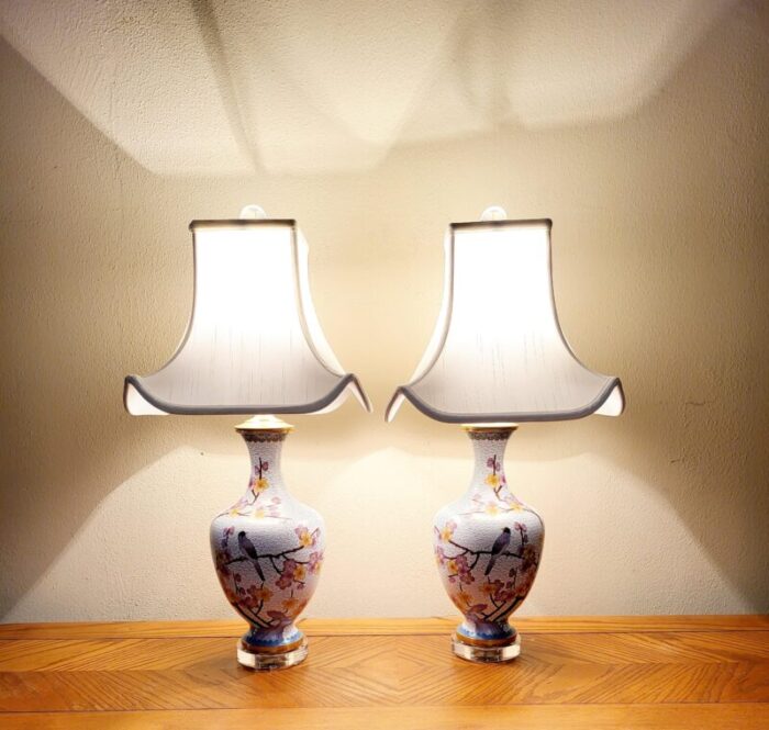 1950s cloisonne left and right table lamps with shades a pair 9478