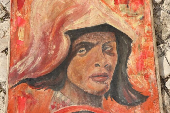 1950s warrior woman portrait painting oil on canvas angola 5192