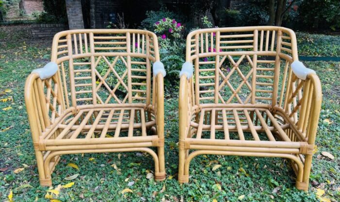 1960s brighton style bamboo rattan coastal club chairs a pair with cushions 4035