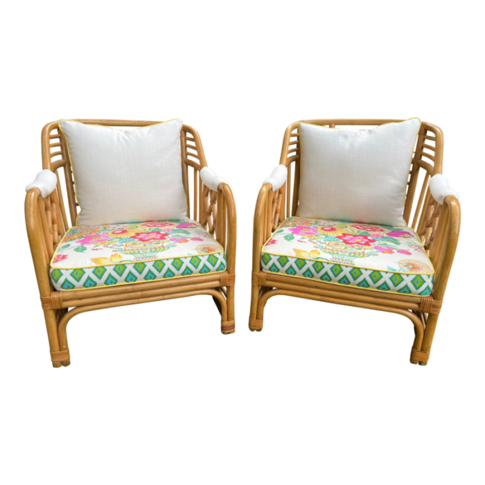 1960s brighton style bamboo rattan coastal club chairs a pair with cushions 5244