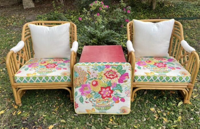 1960s brighton style bamboo rattan coastal club chairs a pair with cushions 7920