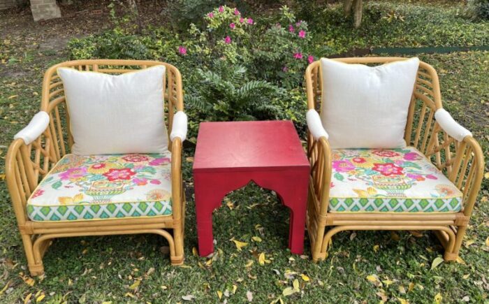 1960s brighton style bamboo rattan coastal club chairs a pair with cushions 8459