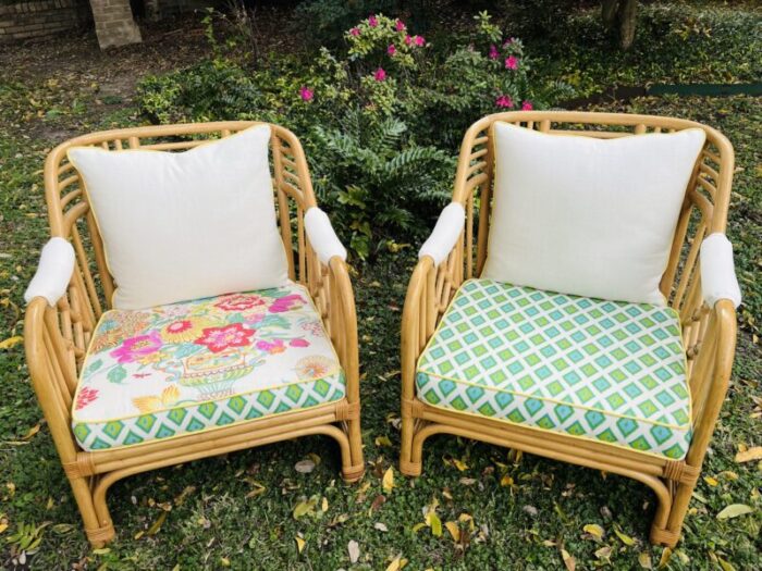 1960s brighton style bamboo rattan coastal club chairs a pair with cushions 8886