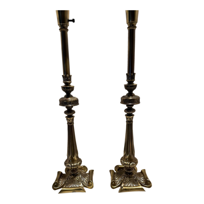 1960s hollywood regency tall brass table lamps pair 2144