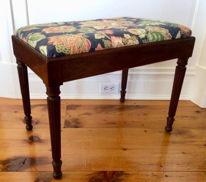 1960s vintage walnut bench vanity seat newly upholstered in navy floral pattern 0479