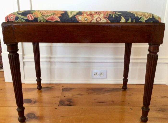 1960s vintage walnut bench vanity seat newly upholstered in navy floral pattern 1400