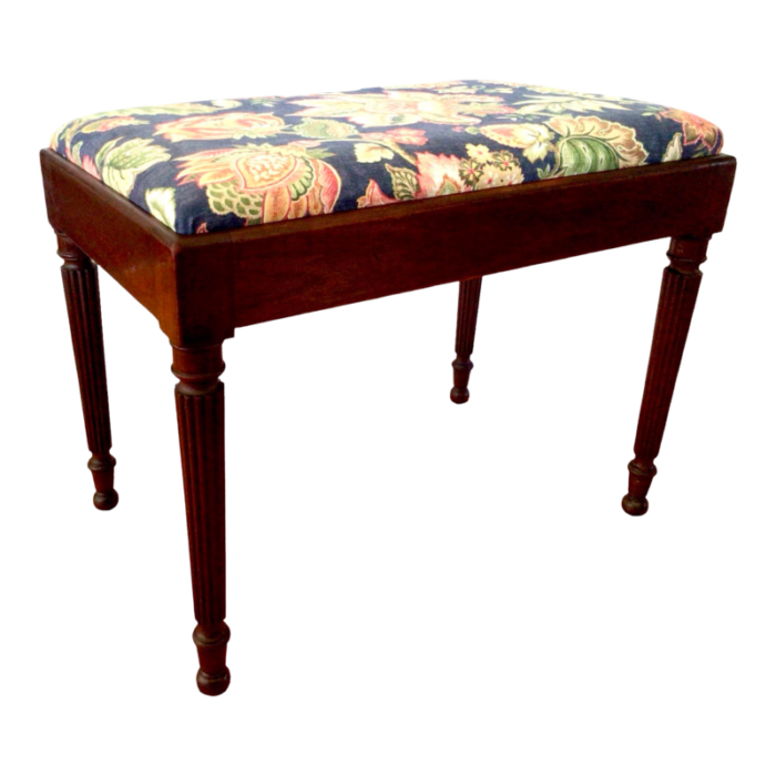 1960s vintage walnut bench vanity seat newly upholstered in navy floral pattern 3333