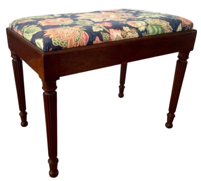 1960s vintage walnut bench vanity seat newly upholstered in navy floral pattern 5614