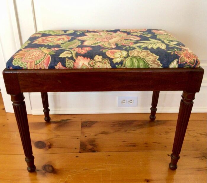 1960s vintage walnut bench vanity seat newly upholstered in navy floral pattern 7601