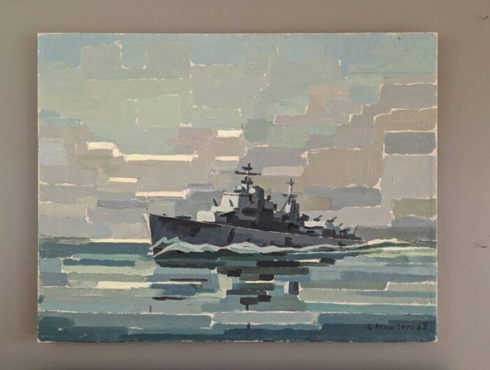 1967 mid century modern the navy ship swedish vintage abstract seascape oil painting unframed 3337