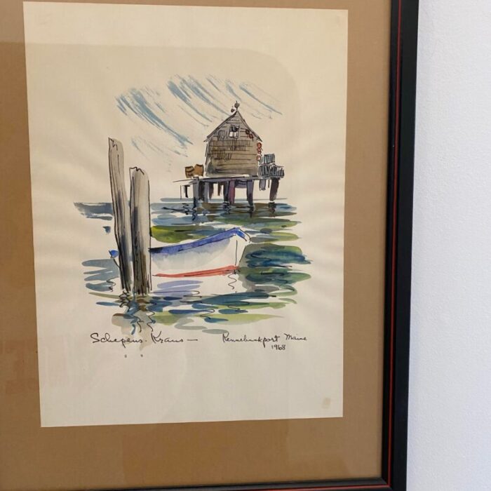 1968 framed watercolor painting of kennebunkport by helen schepens kraus 9044