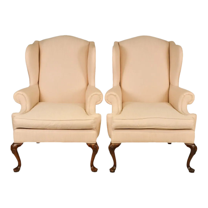 1970s henredon custom folio collection carved upholstered wingback armchairs set of 2 3625