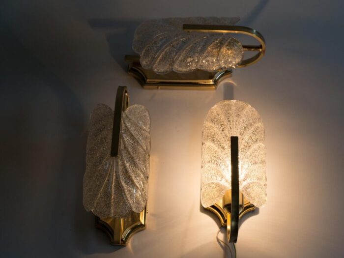 1970s italian brass and murano glass leaf sconces by carl fagerlund set of 3 4742