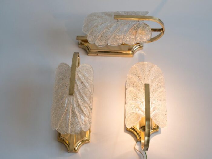 1970s italian brass and murano glass leaf sconces by carl fagerlund set of 3 8689