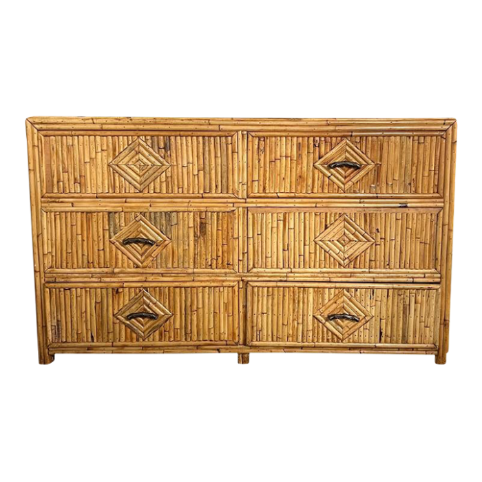 1970s long hollywood regency split reed bamboo 6 drawer low dresser 4888