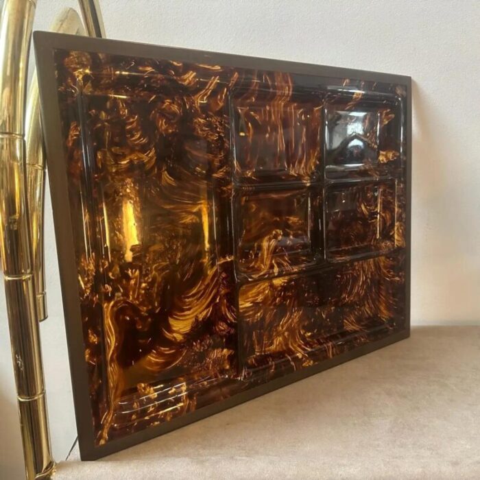 1970s mid century modern fake tortoiseshell lucite and brass appetizer tray 0935