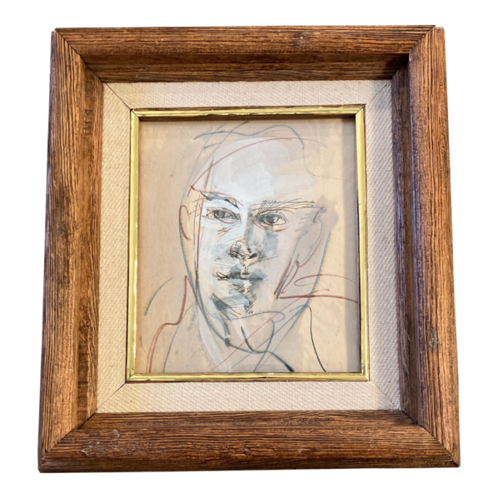 1970s original abstract ink drawingpainting male portrait vintage frame 4560