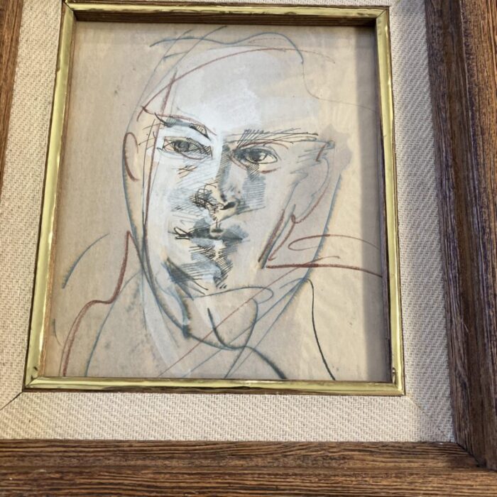 1970s original abstract ink drawingpainting male portrait vintage frame 9888