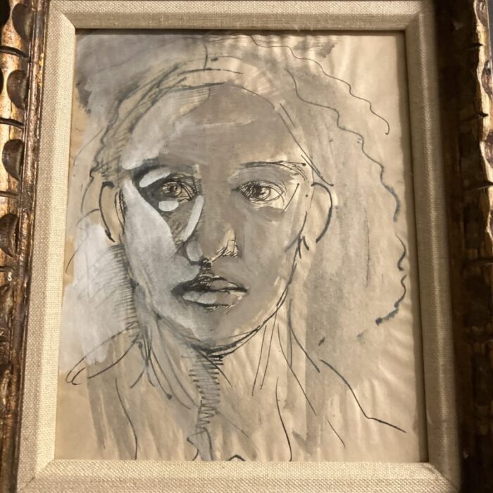 1970s original abstract portrait paintingink drawing chunky vintage frame 2178