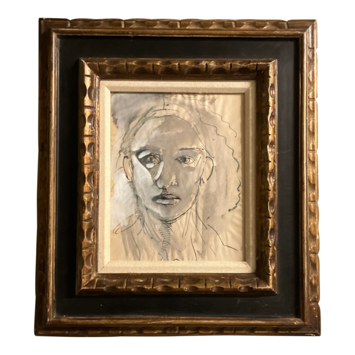 1970s original abstract portrait paintingink drawing chunky vintage frame 2373