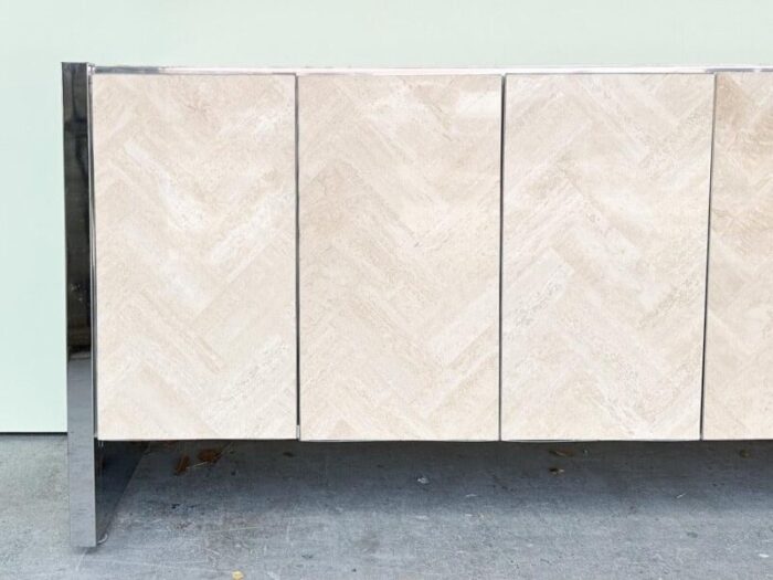 1970s palm beach regency chrome and herringbone travertine credenza 0891