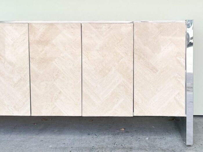 1970s palm beach regency chrome and herringbone travertine credenza 1662