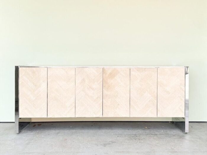 1970s palm beach regency chrome and herringbone travertine credenza 1724