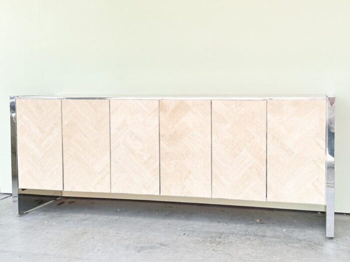 1970s palm beach regency chrome and herringbone travertine credenza 6687