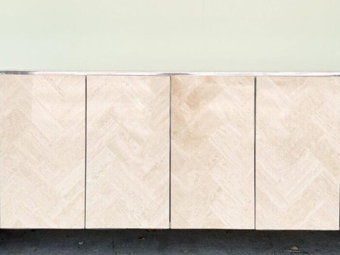 1970s palm beach regency chrome and herringbone travertine credenza 7972