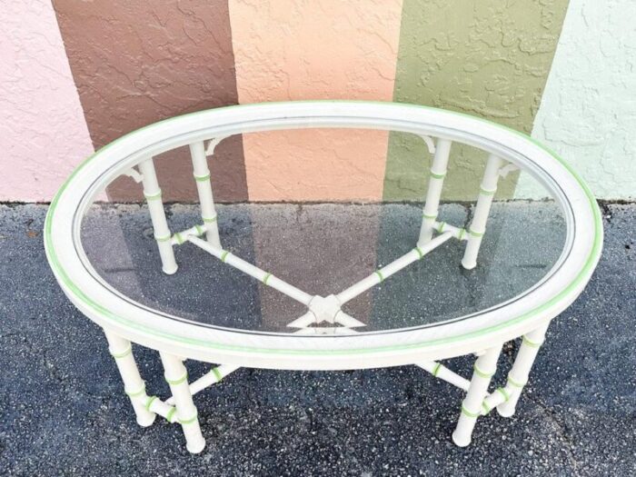 1970s palm beach regency oval faux bamboo coffee table 9959